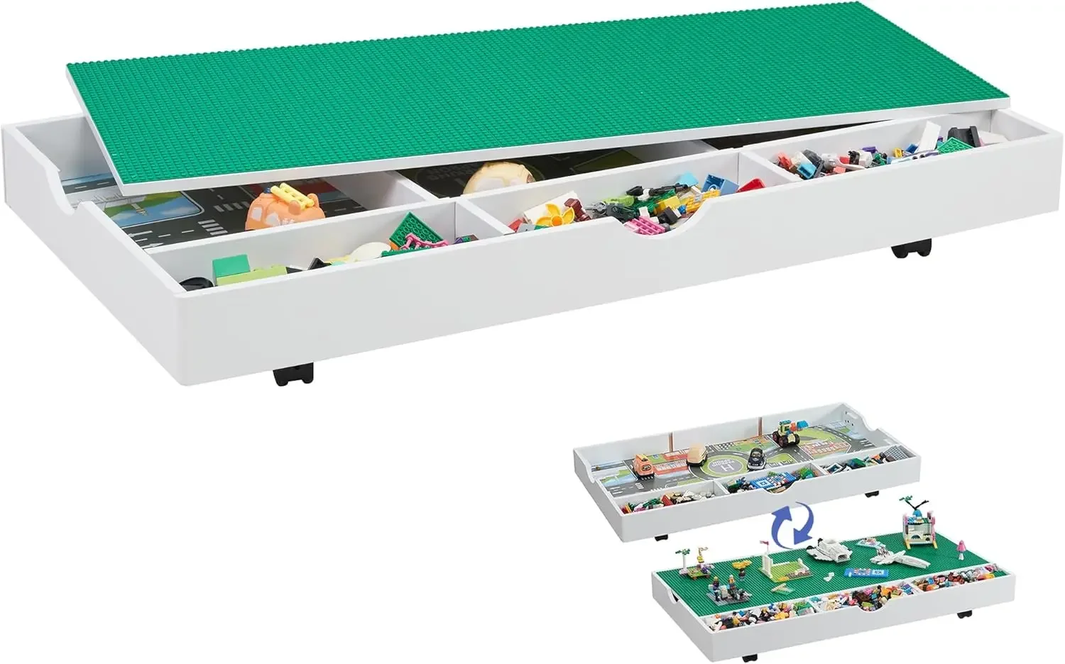 2 in 1 Construction Play Table Compatible with Lego, Game Table with Block Board and Train Car, Rolling Game Table with Locking