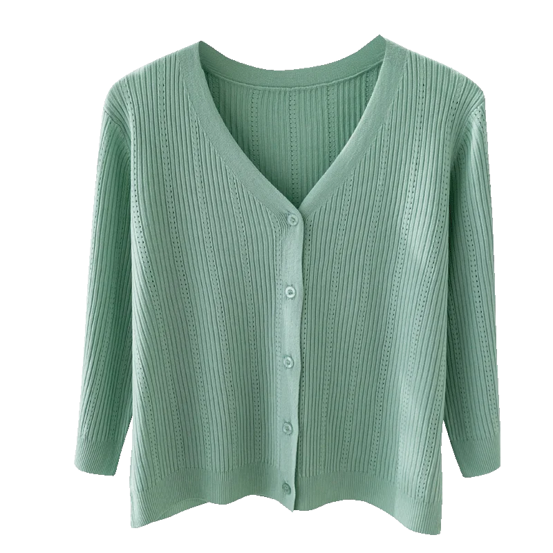 Ice Silk Knit Cardigan Women\'s Thin Mid-sleeve Cutout Sundress Small Shawl Jacket Top Sweater Vest