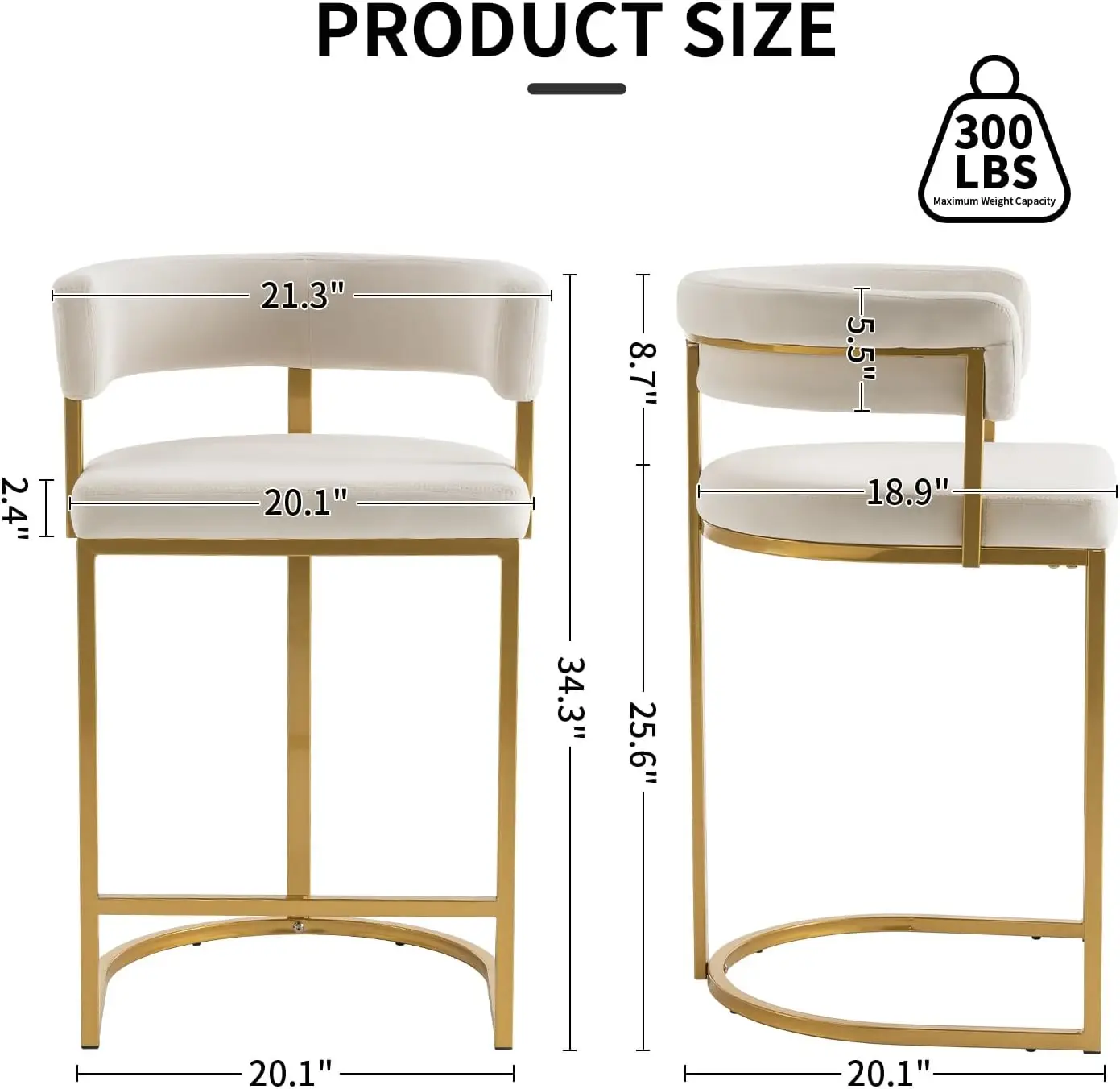 Modern Barrel Bar Stools com costas confortáveis, Velvet Counter Height, conjunto de 2, 25,6"