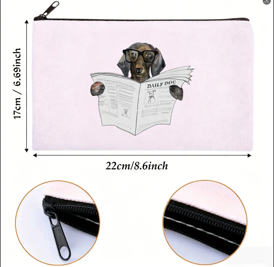 

1PC Vintage Newspaper Reading Dachshund Graphic Print Canvas Cosmetic Bag Portable Zipper Storage Pouch