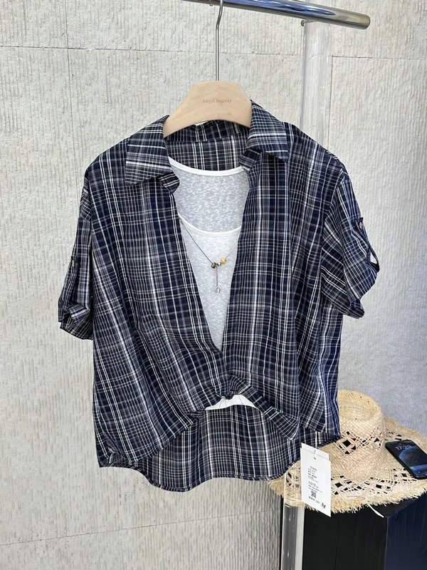 

Повседневная женская рубашка в клетку с коротким рукавом, летний дышащий топ свободного кроя из смесового полиэстера и хлопка, на пуговицах, с длинным рукавом