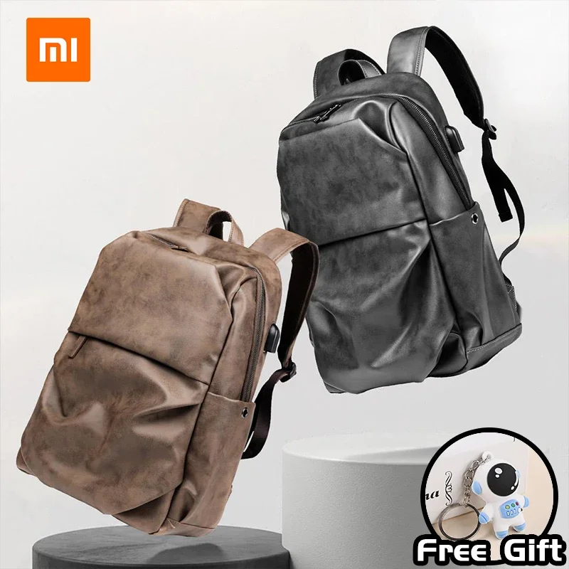 XIAOMI MONEY QUEEN Leather Business Backpack USB Travel Outdoor Backpack Campus Student Bag Laptop Bag Waterproof Large Capacity