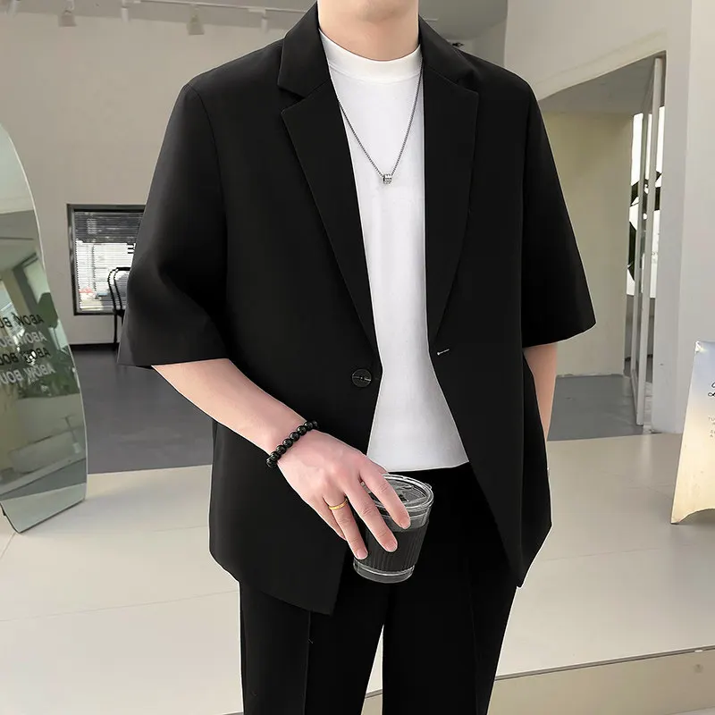 Summer Thin One-Button Mid-Sleeve Men's Suit Jacket Trendy Loose Casual plus Size High-End Feeling Small Western Style Top