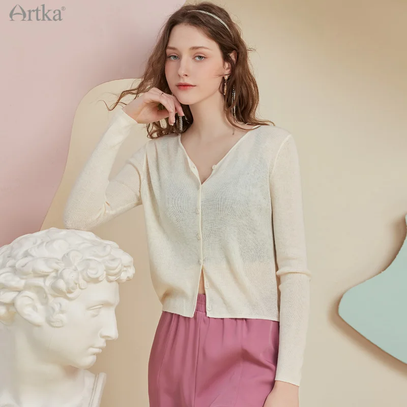 ARTKA 2022 Spring New Women Cardigan 4 Colors Elegant Wool Knitting V-Neck Sweater Long Sleeve Cardigan Outerwear WB28016Q