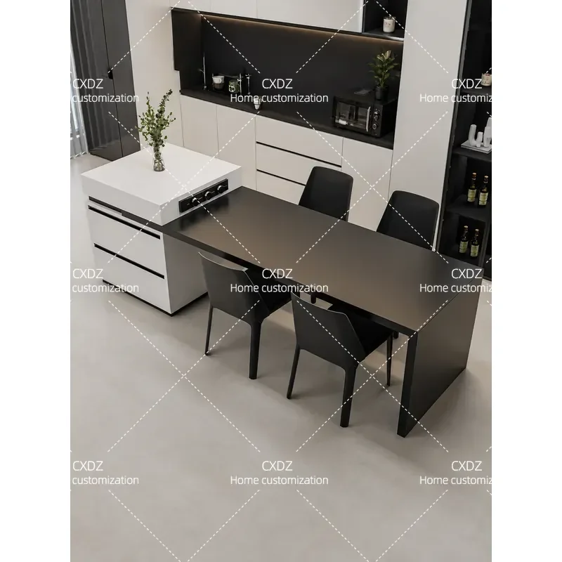 Light Luxury Rock Slab Island Table Integrated Retractable Design for Small Apartment Open Kitchen Customizable Function