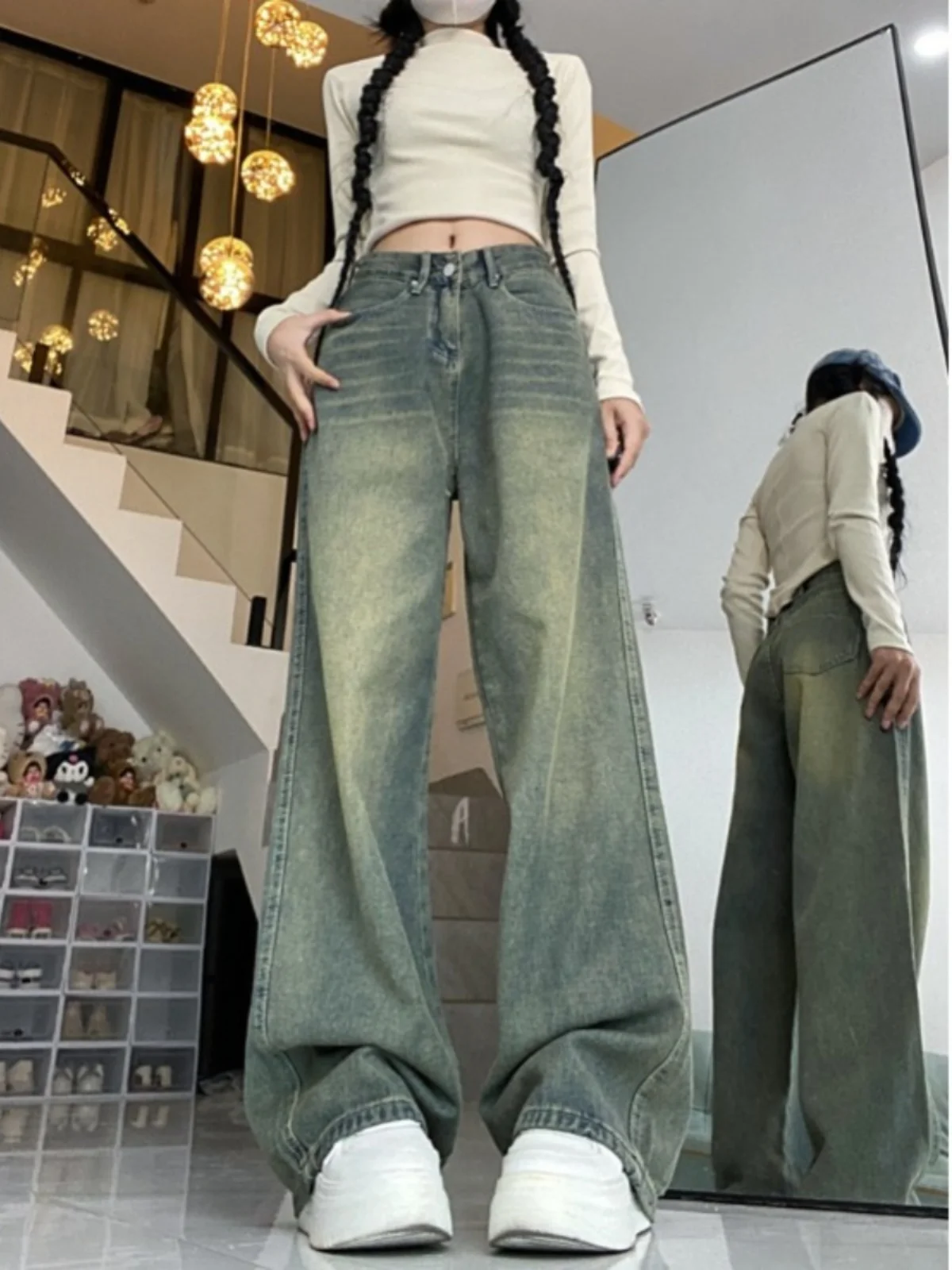 

High Waist Draped Fashion Design Women's Jeans Straight Leg Vintage Stained Summer New Arrival American Style Floor-Length