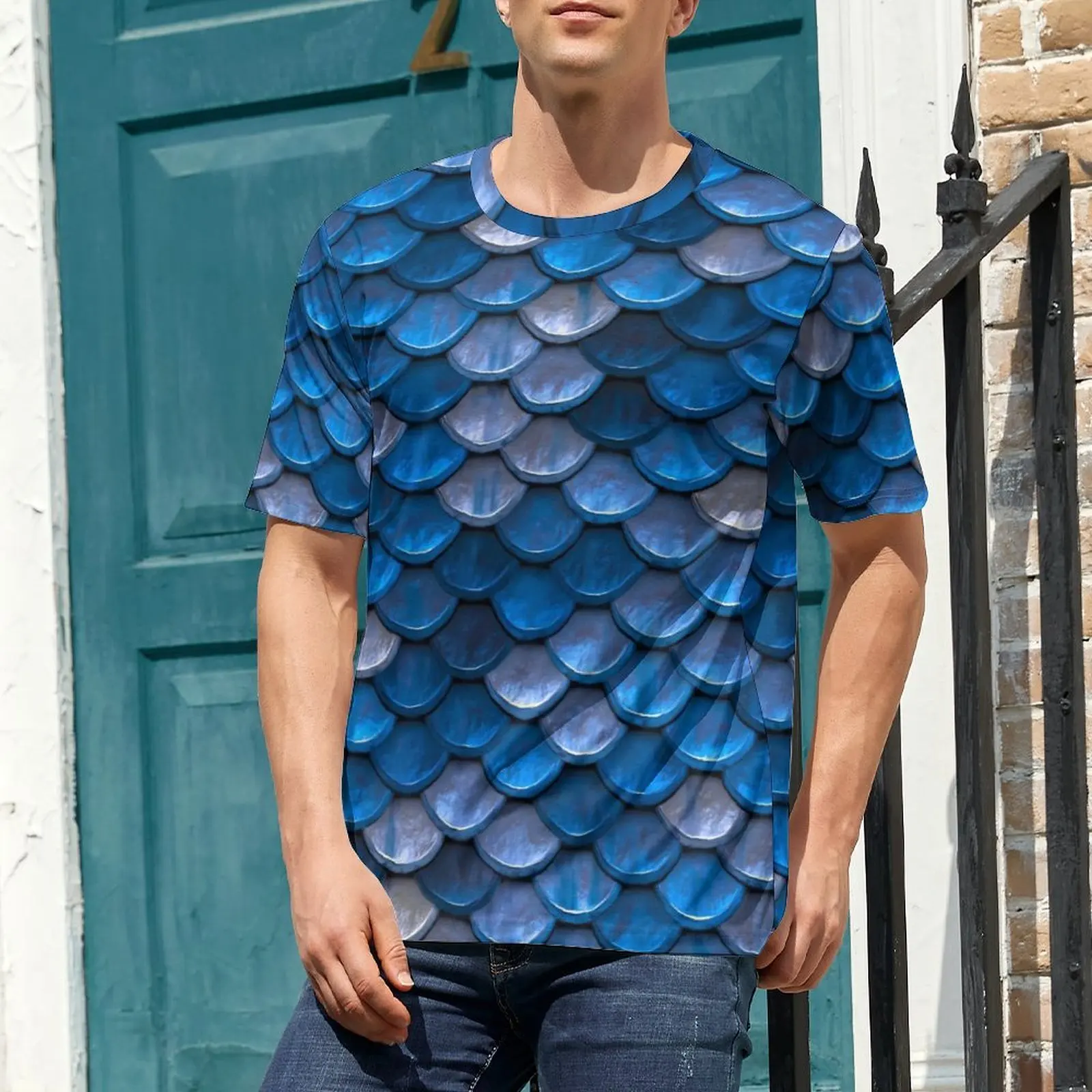 Men Mermaids Print T-Shirt Blue Fish Scales Retro T-Shirts Short Sleeve Custom Tshirt Hot Sale Summer Aesthetic Oversized Tees