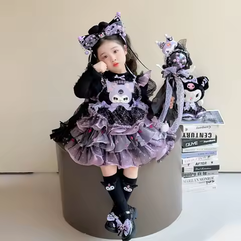 Lolita Princess Dress Kuromi Cartoon Girl Tiered Skirt Sweet Cute Birthday Party Evening Dress Bow Tail Dress Birthday Gift