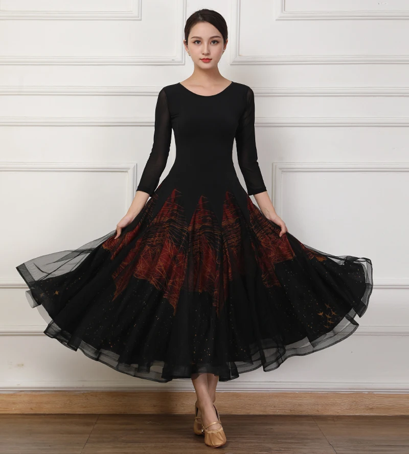 

Waltz Dress Ballroom Gown Long Sleeves Mesh Big Hem Modern Dance Wear Competiton Costume Performance Clothes Stage Outfits