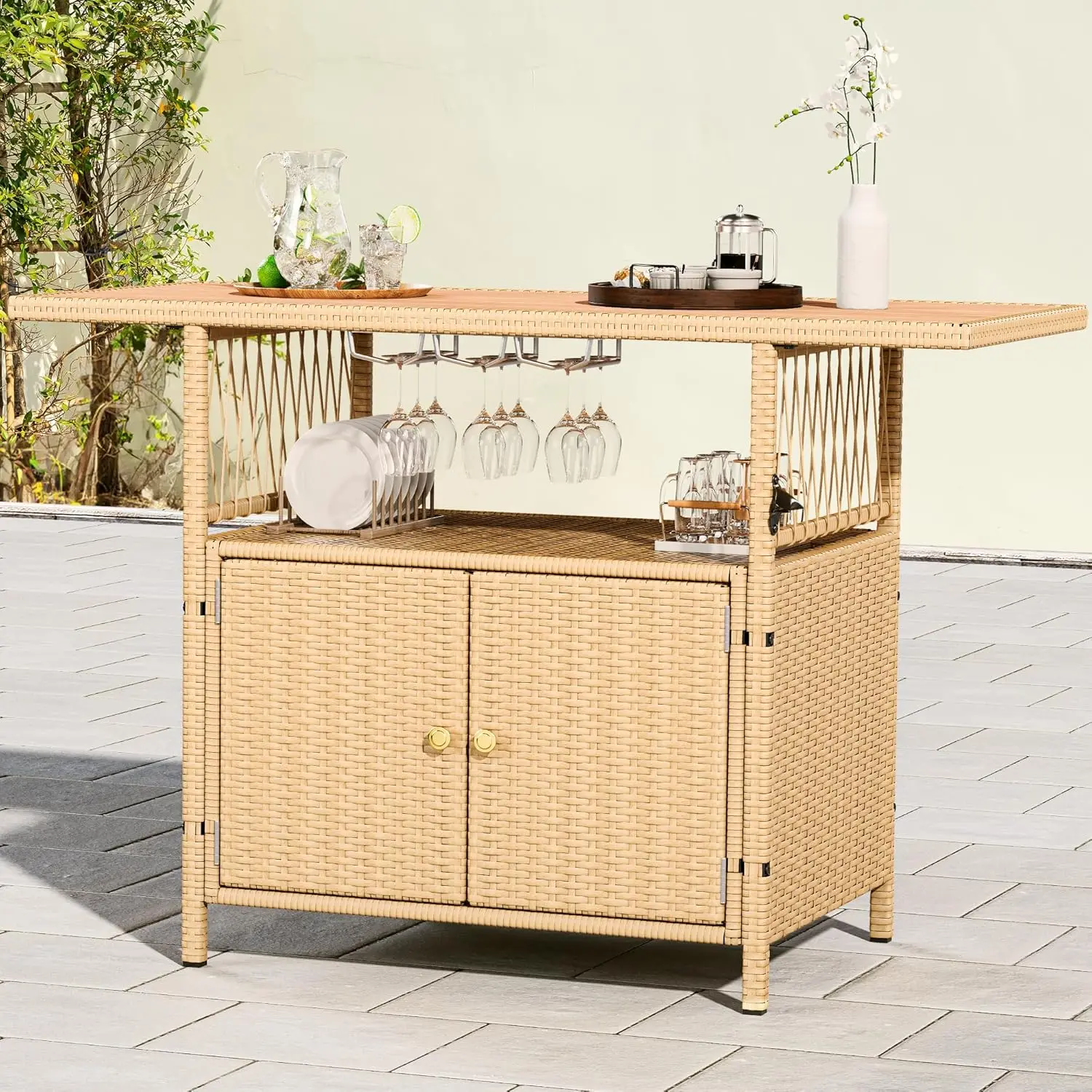 

Outdoor Storage Cabinet Patio Wicker Bar Table w/Plastic Wood Tabletop, Wine Glass Holders and Built-in Bottle Opener