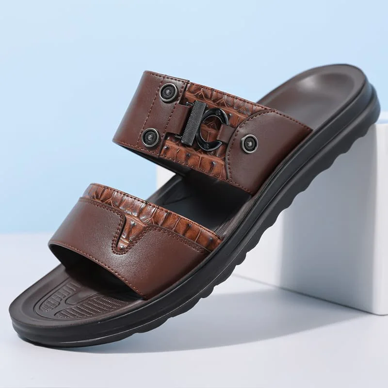

Mens Beige Metal Buckle Slide Sandals Casual Summer Shoes Lightweight Comfortable Non-slip Open Toe Sandals Large Size：39-48