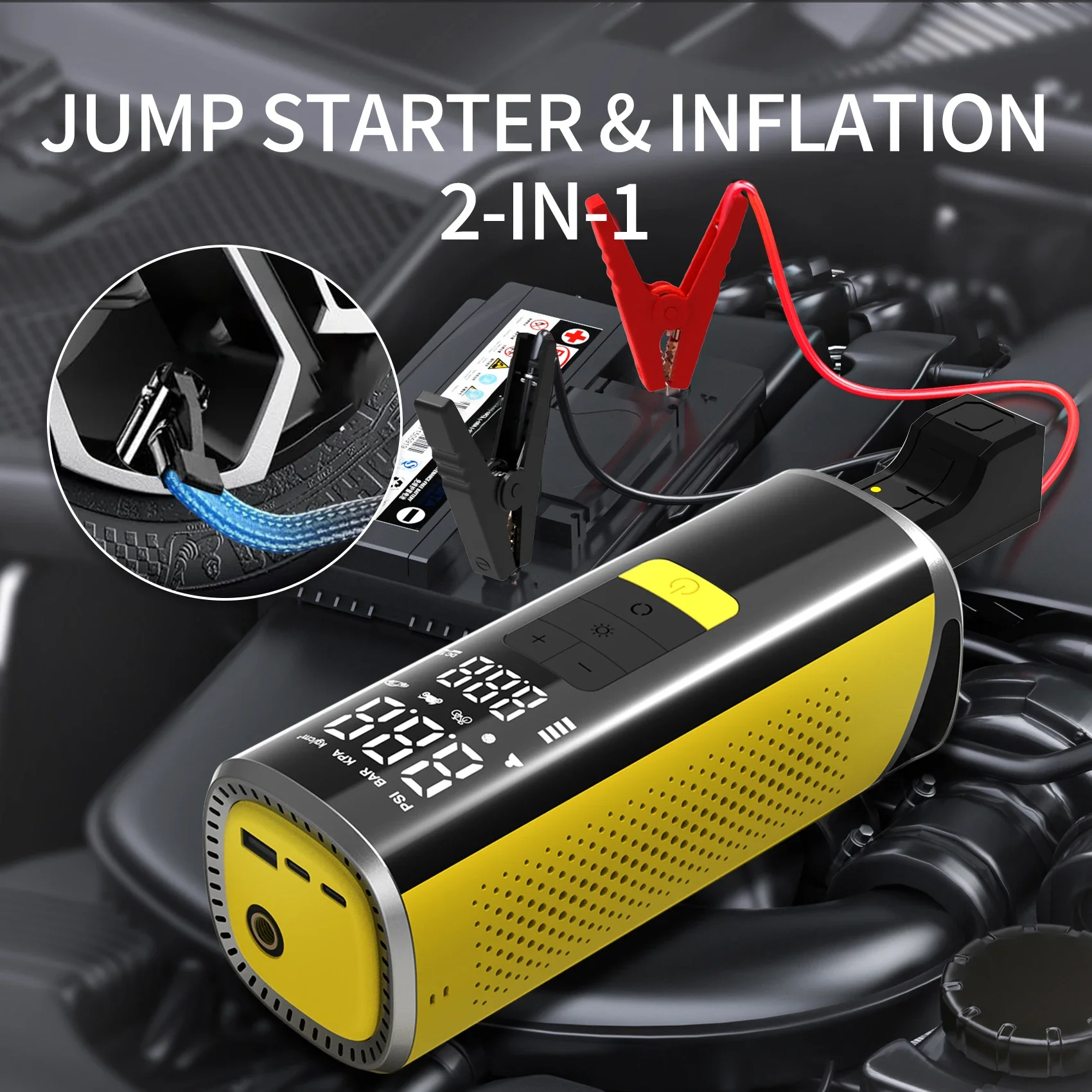 Car Dead Battery Emergency Jump Starter Inflator 2 in 1 10000mAh Strong Core Auto Booster Digital Tire Pressure Air Pump