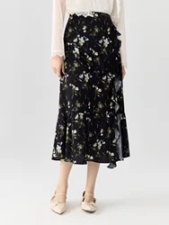 DUSHU Autumn Women Long Floral Skirts Zipper Waist Side Slit Design Asymmetrical Female Black Floral A-LINE Skirt 24DS83100