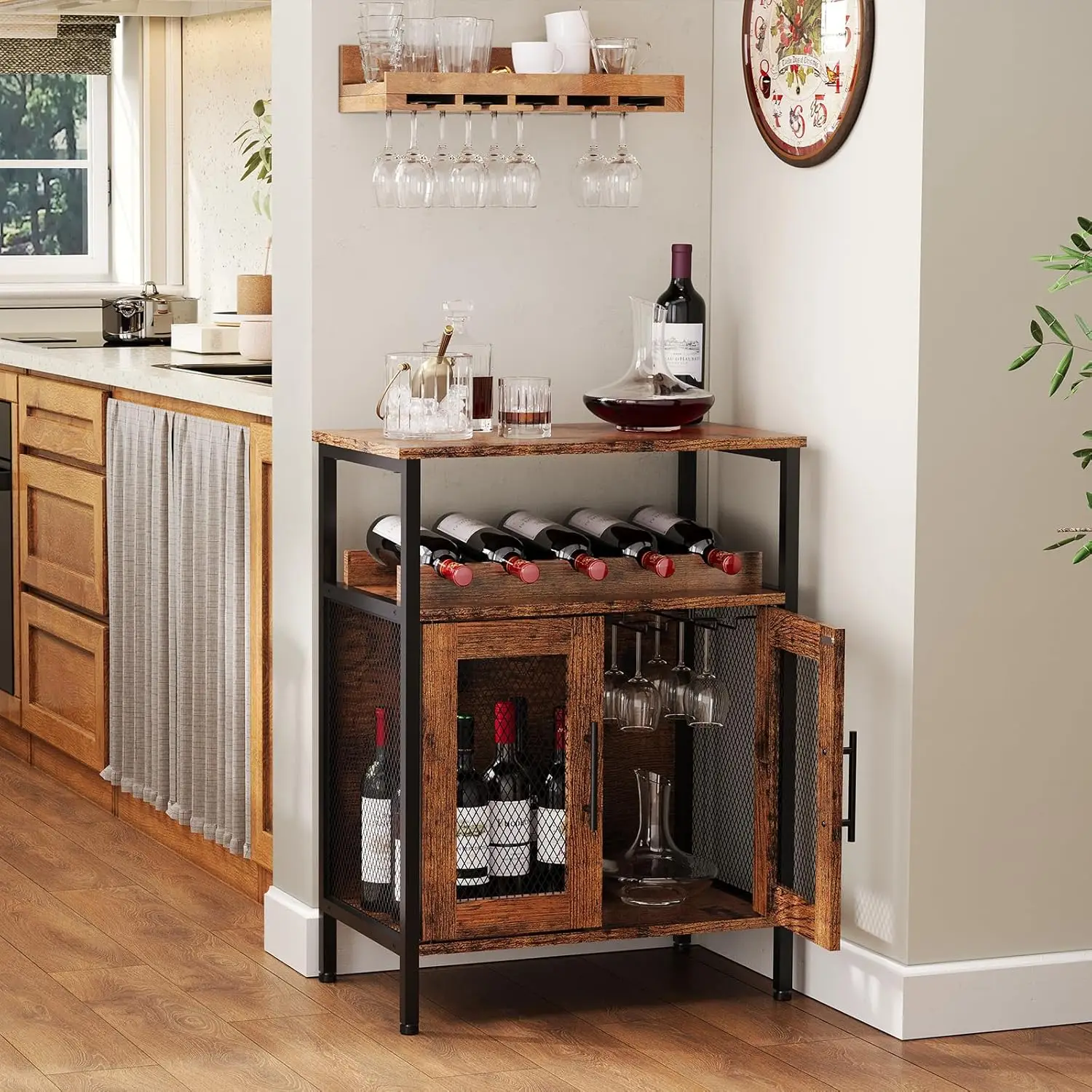 Rustic Brown Wine Bar Cabinet with Detachable Rack, Glass Holder, Mesh Door and Adjustable Feet for Kitchen or Dining Room