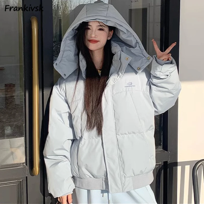 Hooded Parkas Women Gentle Simple Zip-up Warm Thicker Coats Sweet Girls Tender Winter Ulzzang Casual Fashion Streetwear Young