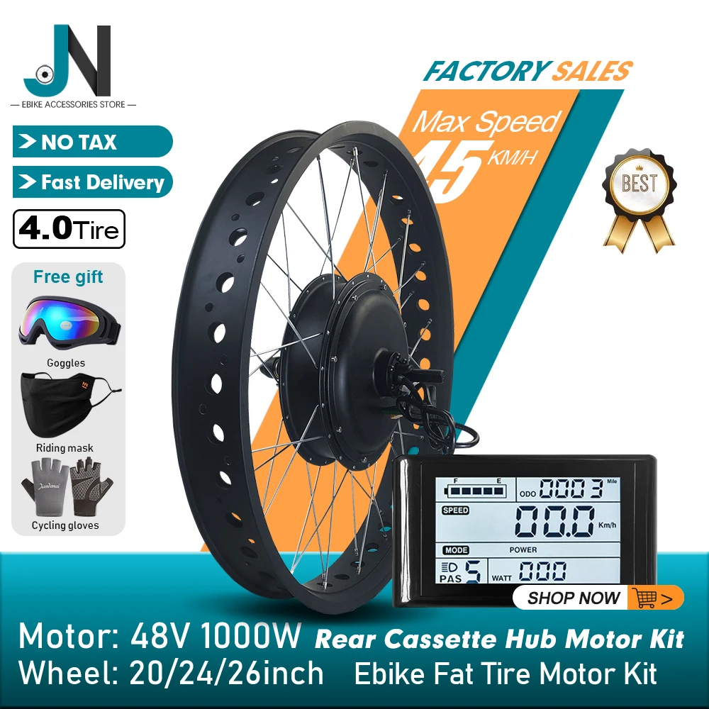 

Electric Fat Bike Kit 48V 1000W 4.0 Tyre Rear Cassette Brushless Non-gear Hub Motor Wheel 20 24 26inch For Snow Ebike Motor Kit