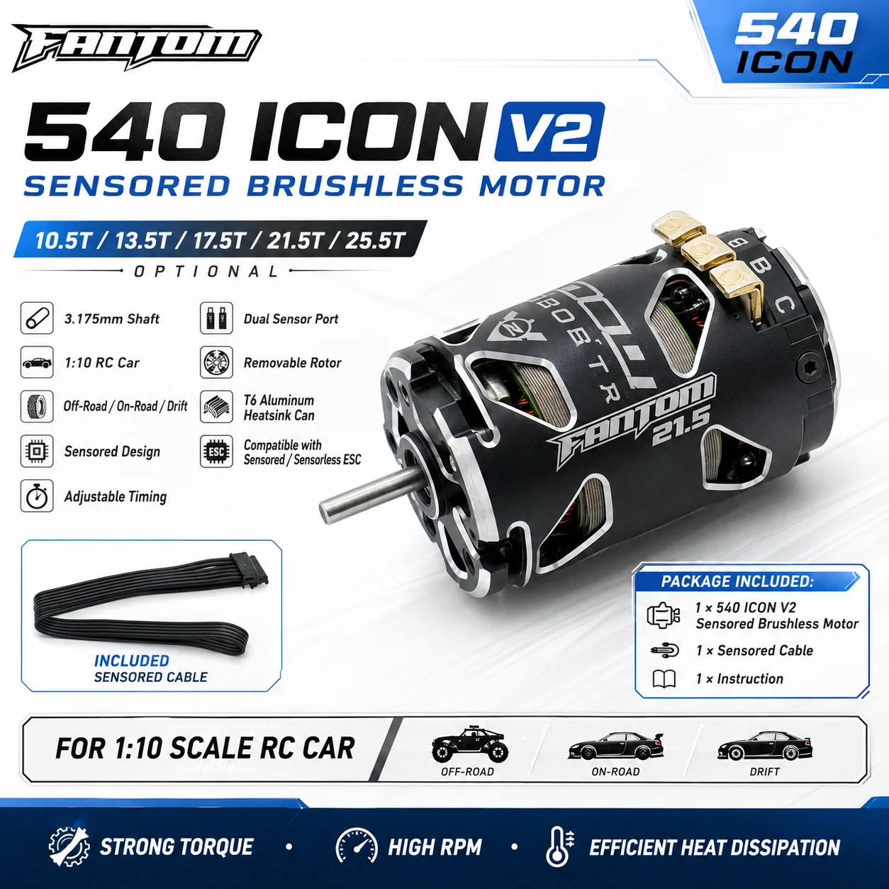 FANTOM 540 Sensored Brushless Motor 10.5T 13.5T 17.5T 21.5T 25.5T SPEC 3.175 Shaft for 1:10 Scale Off-Road On-Road Drift RC Car