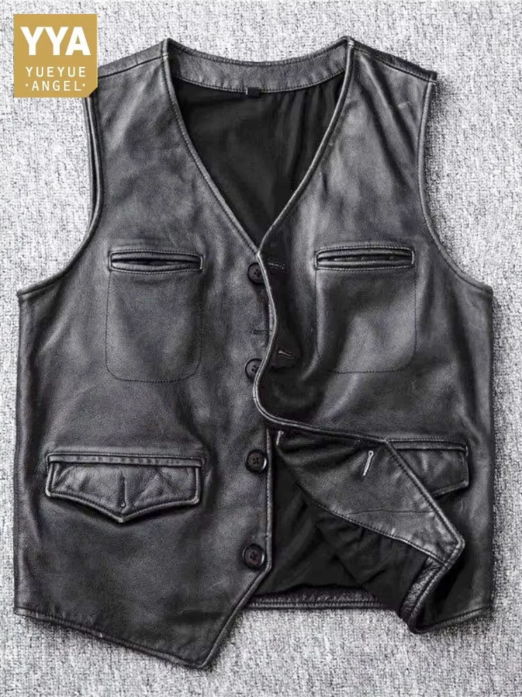 Mens Black Cowhide Genuine Leather Vest Slim Fit Single Breasted Vintage Cargo Sleeveless Jacket Male Motorcycle Waistcoat 4XL