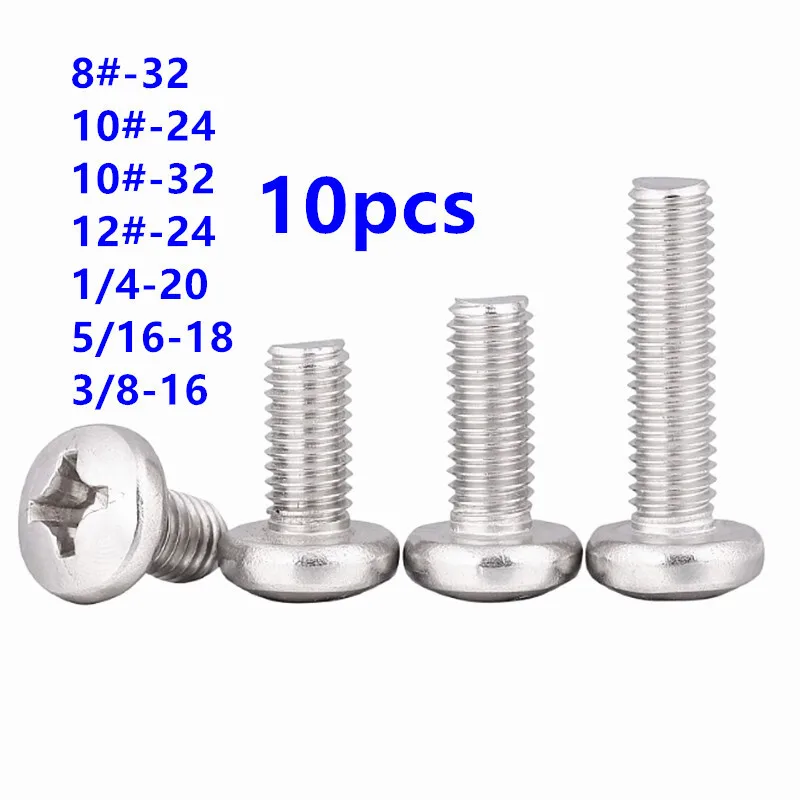 10pcs 3/8-16 1/40-20*L  304 Stainless Steel US UNC UNF Pan Head Cross Screw Cross Groove Screw Mechanical Screw American System