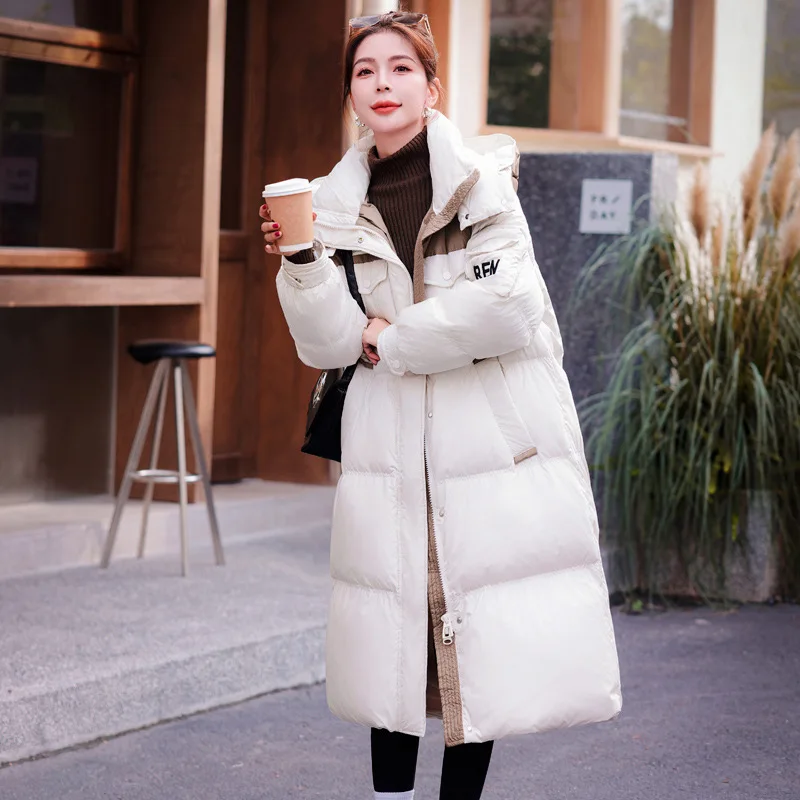 2024 Winter New Down Jacket Women White Duck Down Hooded Knee-length Coat Thickened Warm Loose Casual Stand Collar Puffer Jacket