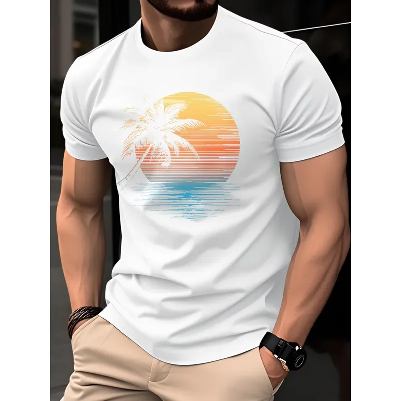 Retro Gradient Sunset Palm Tree Beach Print on Premium Soft 100% Cotton Mens T Shirt Perfect for Summer Vacation Casual Style