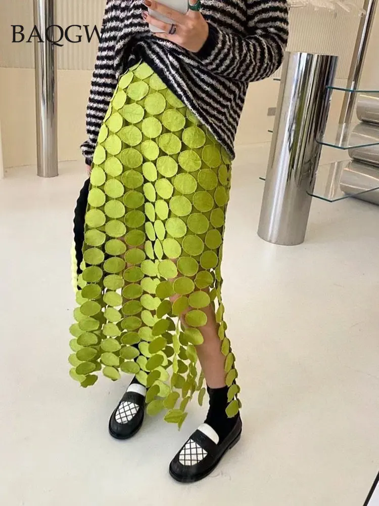 

Cut Out Design Skirt for Women High Waist Patchwork Tassel Irregular Hem Solid Midi Skirts Female Summer Clothing Style