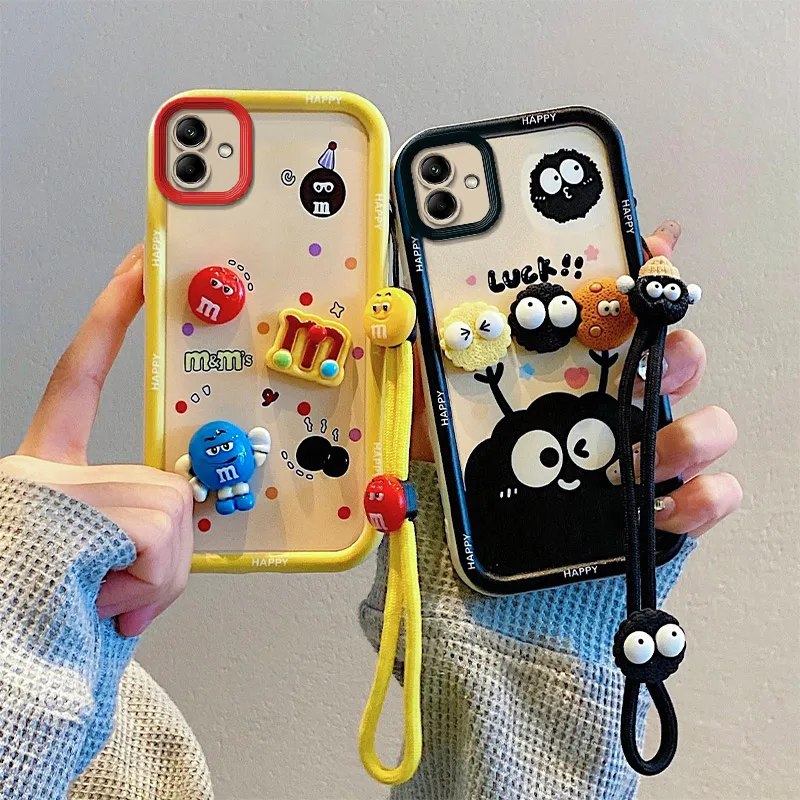 Cute 3D Cartoon Labubu Fur Phone Case for Samsung Galaxy A14 A15 A16 A12 A02S A03S A04e A05S A06 With Strap Plush Kuromi Cover