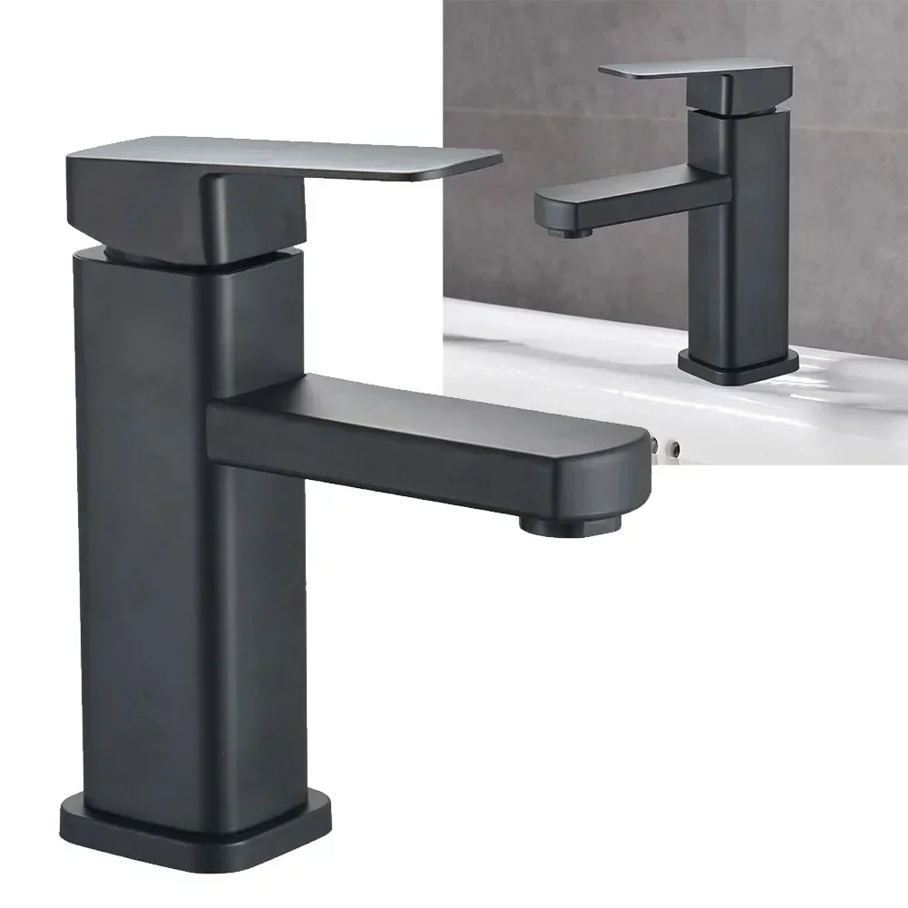 

Black Bathroom Faucet Single Cold Sink Faucet Single Hole Square Stainless Steel Tap Deck Mounted Bathtub Counter Basin Faucet N