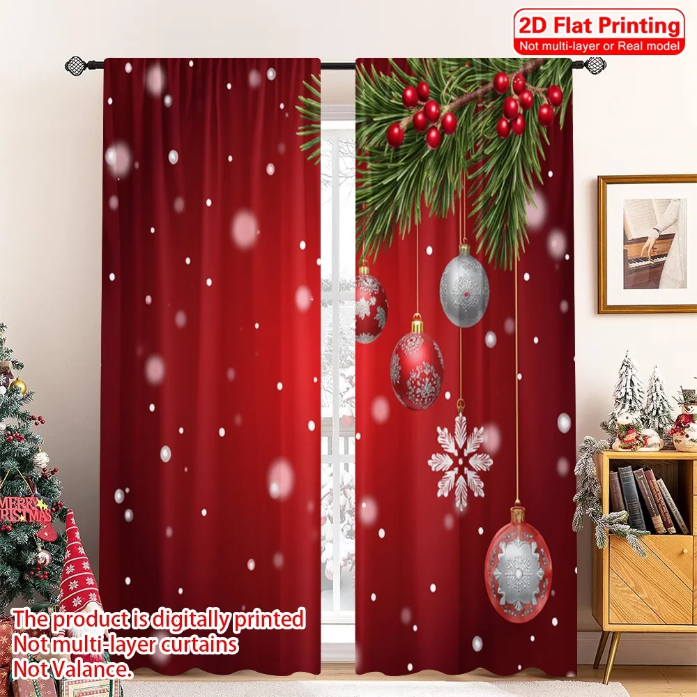 

2pcs 2D flat printing Merry Christmas Popular Window Curtains Christmas Ornaments Snowflakes Festive Polyester Fabric Without