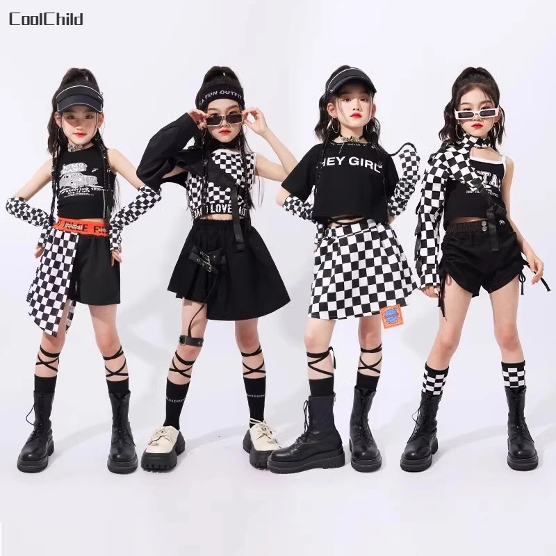 Hip Hop Girls Cool Crop Top Plaid Skirts Children Streetwear Goth Clothes Sets Street Dance T-shirt Kids Stage Jazz Costumes