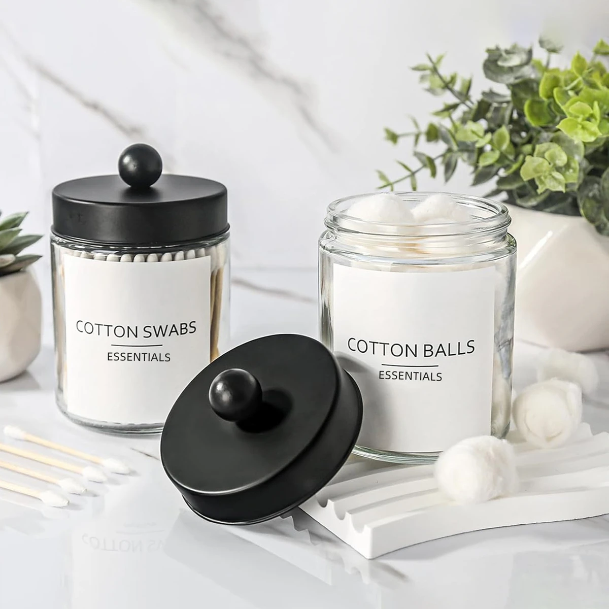 

Qtip Holder Dispenser For Cotton Swab Ball, Glass Apothecary Jars With Lids For Bathroom Canister Organizers Vanity Storage 2pcs