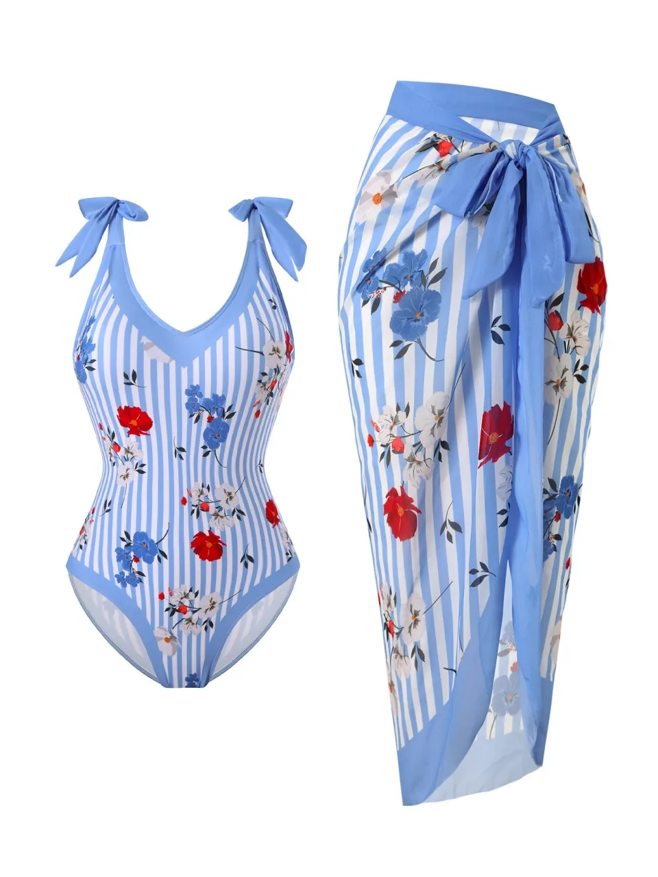 Women Print Swimwear 2026 One-Piece V Neck Swimsuit With Sarong Wrap Beach Skirt Female Bathers Bathing Swimming Bodysuit Summer