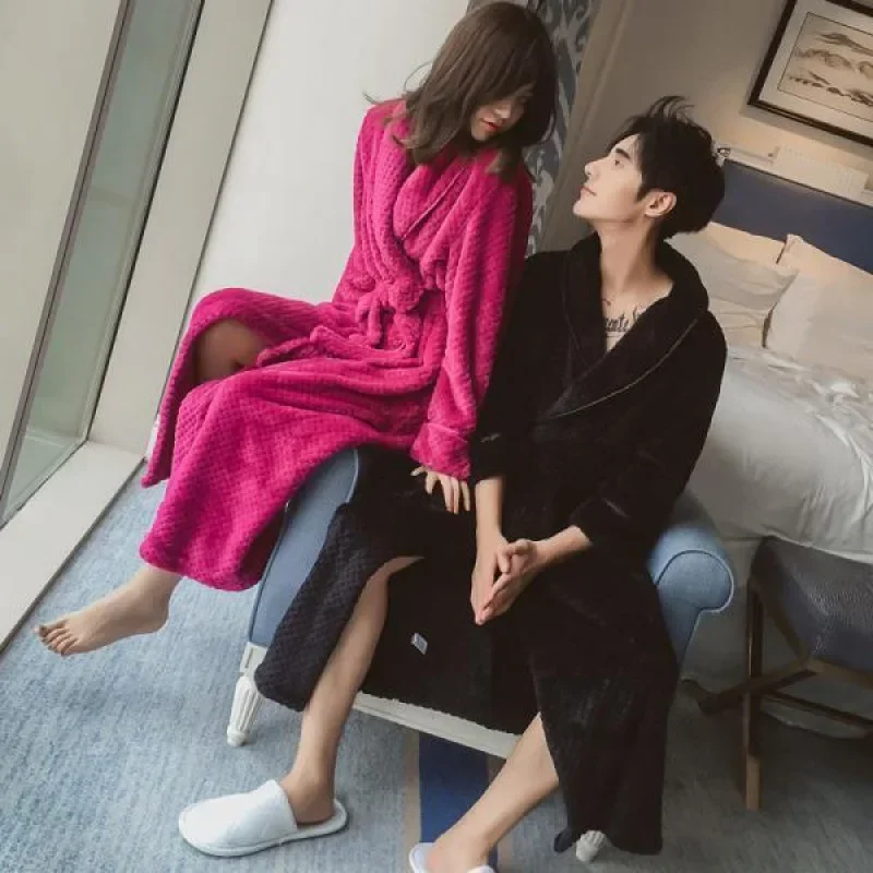 

New Couple Nightgown Winter Women Bathrobe Spring Autumn Coral Fleece Morning Robe Thickened Long Winter Flannel Nightgown Men