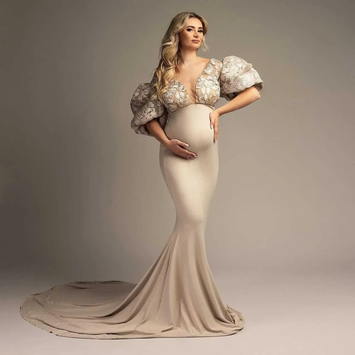 HOBBY 2025 New Arrival Mermaid Maternity Dresses For Photo Shoot Puffy Lace Sleeves Custom Made Bridal Pregnancy Dress Taffeta