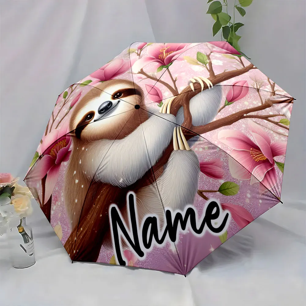 Custom Name Sloth-Themed Umbrella with Blooming Pink Flowers Design 8 Iron Ribs Folding Umbrella Auto-Open Fashion Sunshade