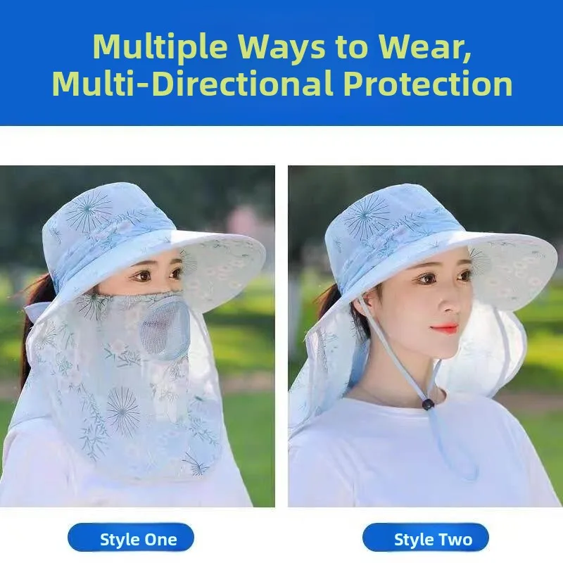 Outdoor Women's Sun Protection Hat with Integrated Lightweight UV-Protective Mask Large Brim Wide Coverage Face Shield Hat