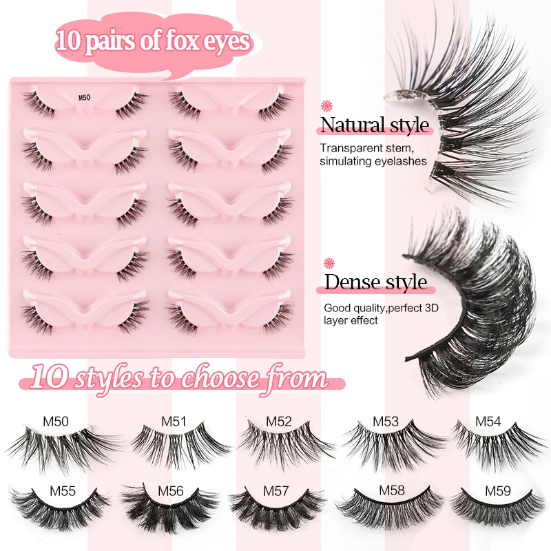 Hot 10 Pairs False Eyelashes Cat Eye Mink Half Lashes Natural Fluffy Wispy Fox Eyelashes Extension Eyes Makeup Faux Cils in Bulk