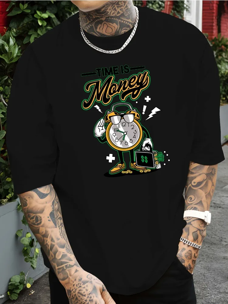 Men Summer Crew Neck Short Sleeve T Shirt Time Is Money Cartoon Alarm Clock Print Casual Loose Streetwear Daily Fashion Tops