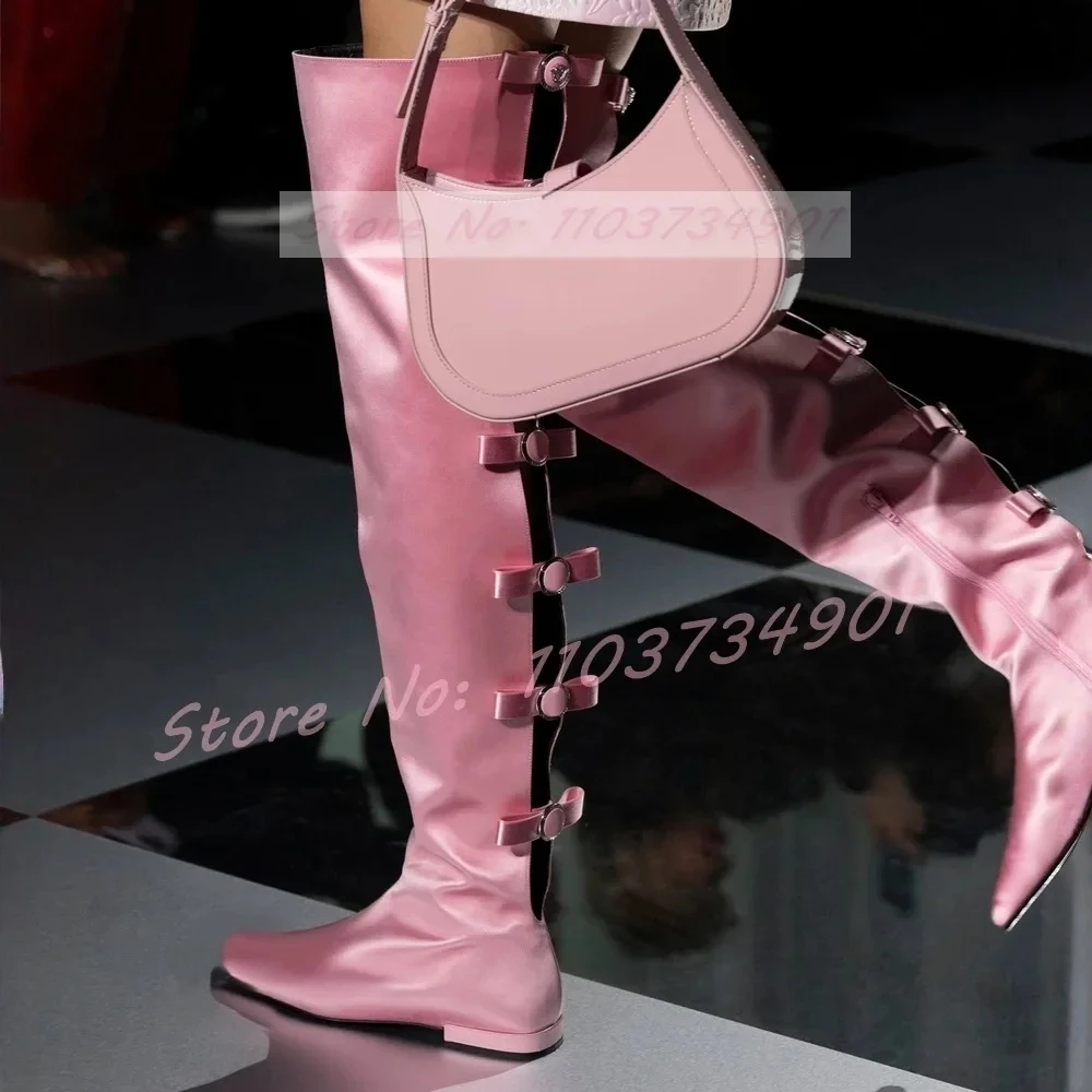 

Сапоги на низком каблуке с узлом-бабочкой, женские розовые атласные сапоги выше колена с круглым носком, женская модная обувь в стиле Лолиты для вечеринок