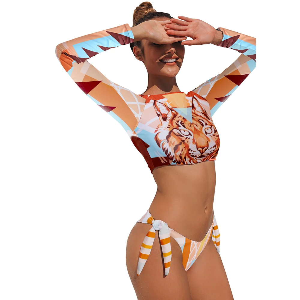 ZAFUAZ 2024 Sexy Long Sleeve Bikinis Set Women Swimsuit Sport Print Surfing Bathing Suits Beachwear Brazilian Biquini Monokini