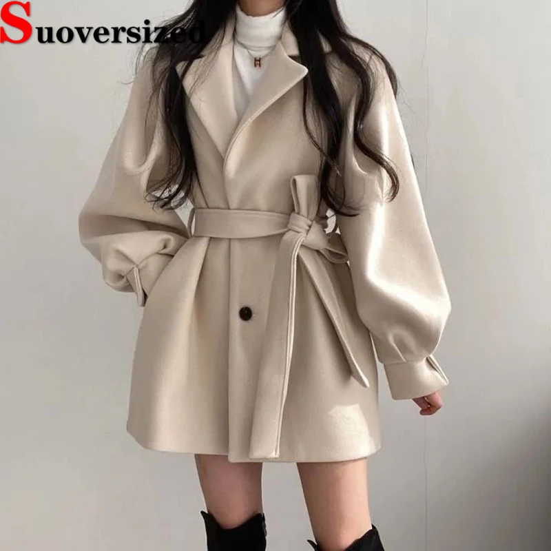 

Elegant Winter Warm Woolen Coats Thicken Mid-length Belt Abrigos Loose Fashion Wool Blend Overcoat Korean Women's New Jackets