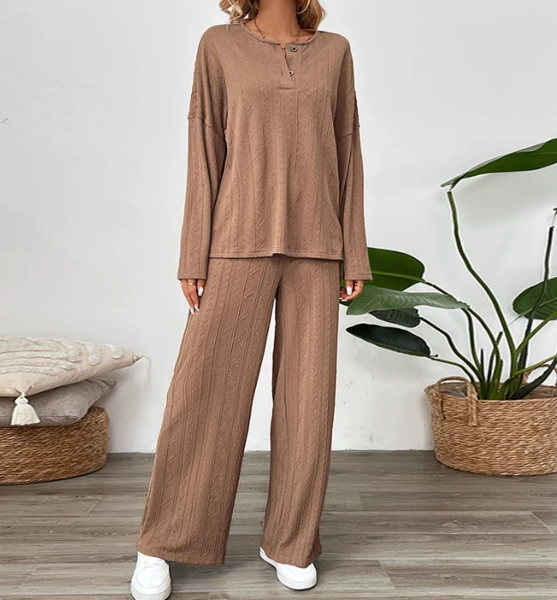 Women's Two-Piece Set Texture Wide Leg Pants Two-Piece Set Round Neck Home Pants Set Leisure Retro Elegant Two-Piece Set