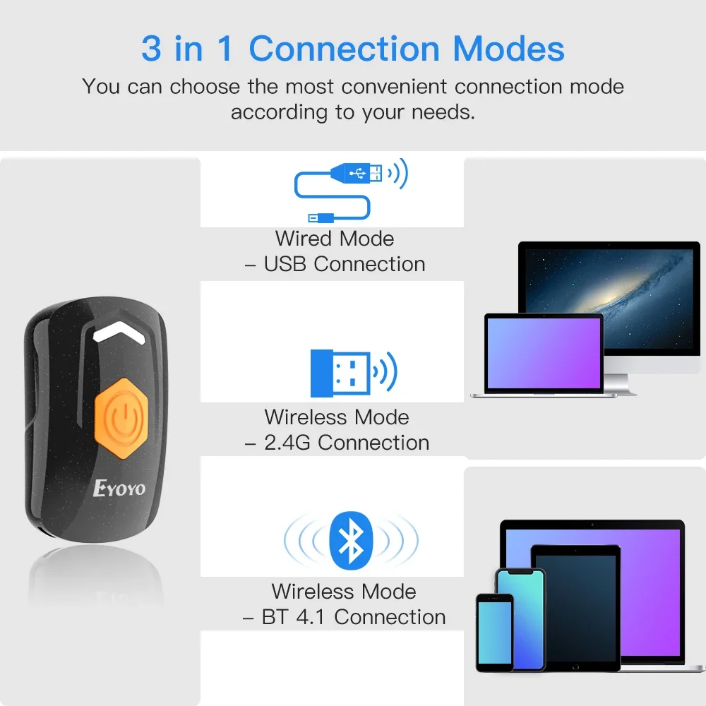 Eyoyo Mini 1D Bluetooth Barcode Scanner, 3-in-1 Bluetooth & 2.4G Wireless & USB Wired Potable Barcode Reader Windows/Android