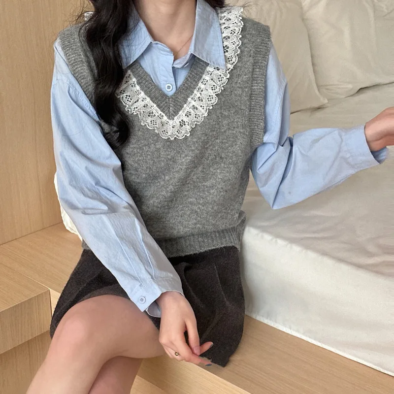 Nuevo Chaleco de punto suelto con cuello en V de encaje, Top corto de otoño e invierno para mujer, suéter sin mangas, chaleco de Color sólido