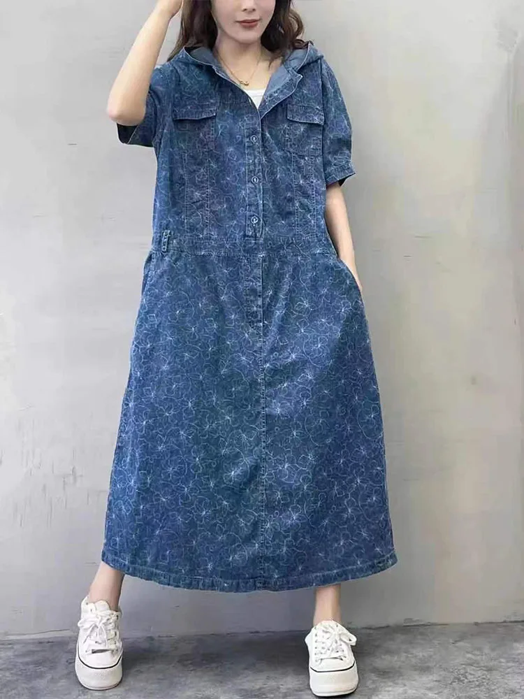 Max LuLu 2023 Summer Long Clothes Womens Fashion Loose Printed Denim Hooded Dresses Korean Ladies Luxury Elegant Floral Vestidos