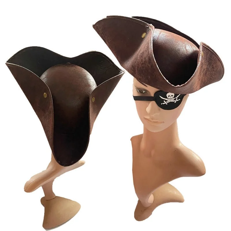 New Brown Distressed Tricorn Hat Masquerade Party Men Women Faux Leather Pirate Costume Accessories Hats