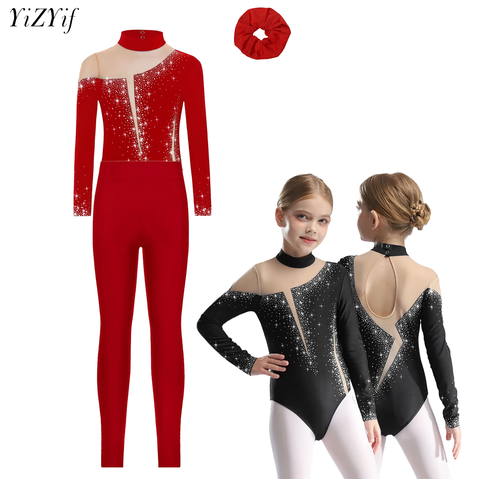 

Kids Girls Ballet Dance Bodysuit Long Sleeve Gymnastics Workout Leotard +Leggings Set for Figure Skating Performance Costumes