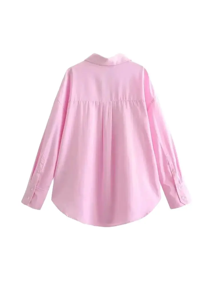 เสื้อเชิ้ตทรงหลวมแบบไม่สมมาตรสำหรับผู้หญิง แขนยาว ติดกระดุมด้านหน้า เสื้อผู้หญิง เสื้อท็อปสุดชิค แฟชั่น