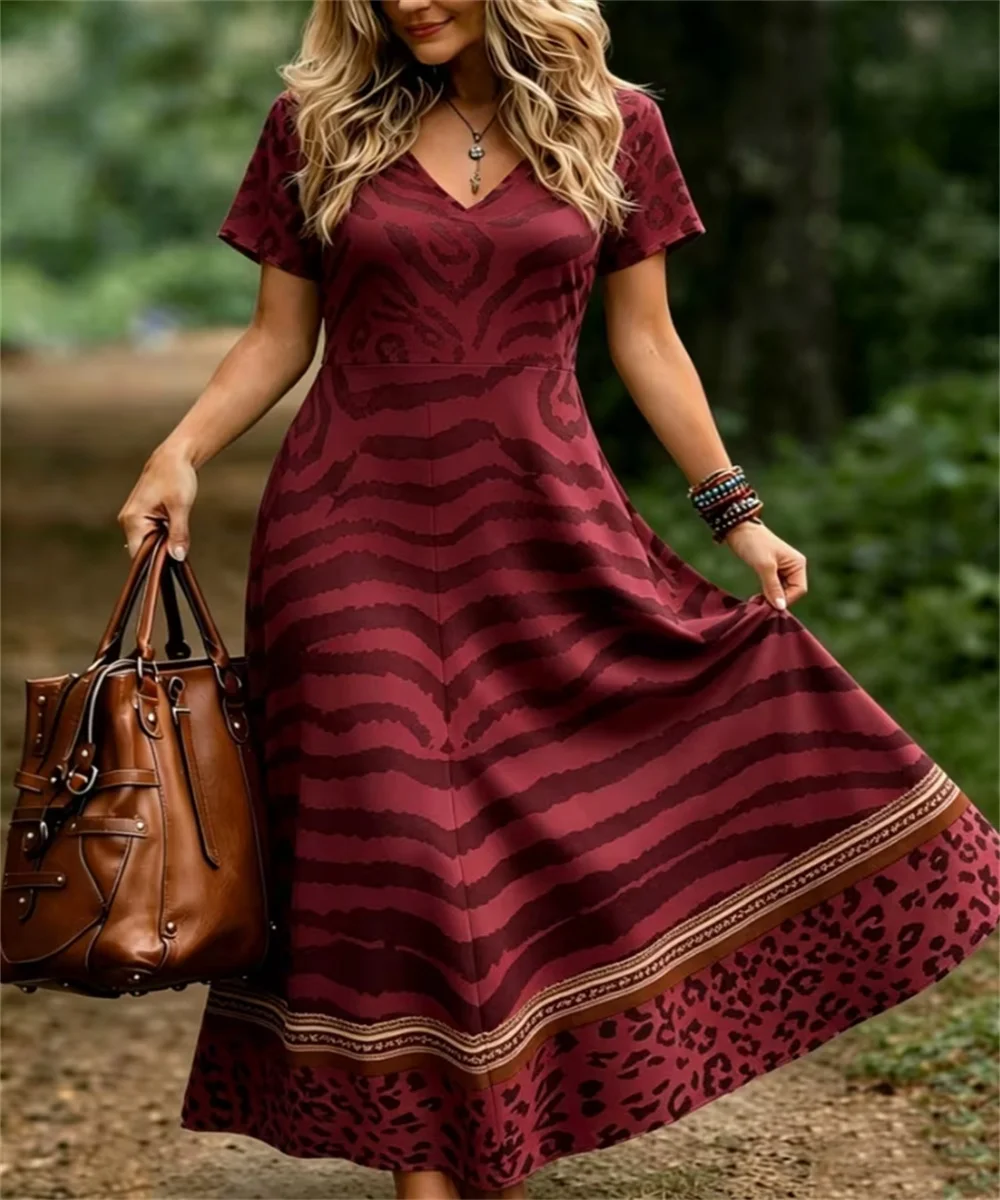 Ladies' Summer New Zebra Wave Pattern Art and Leopard Print Dress, Elegant and Casual V-Neck Dress
