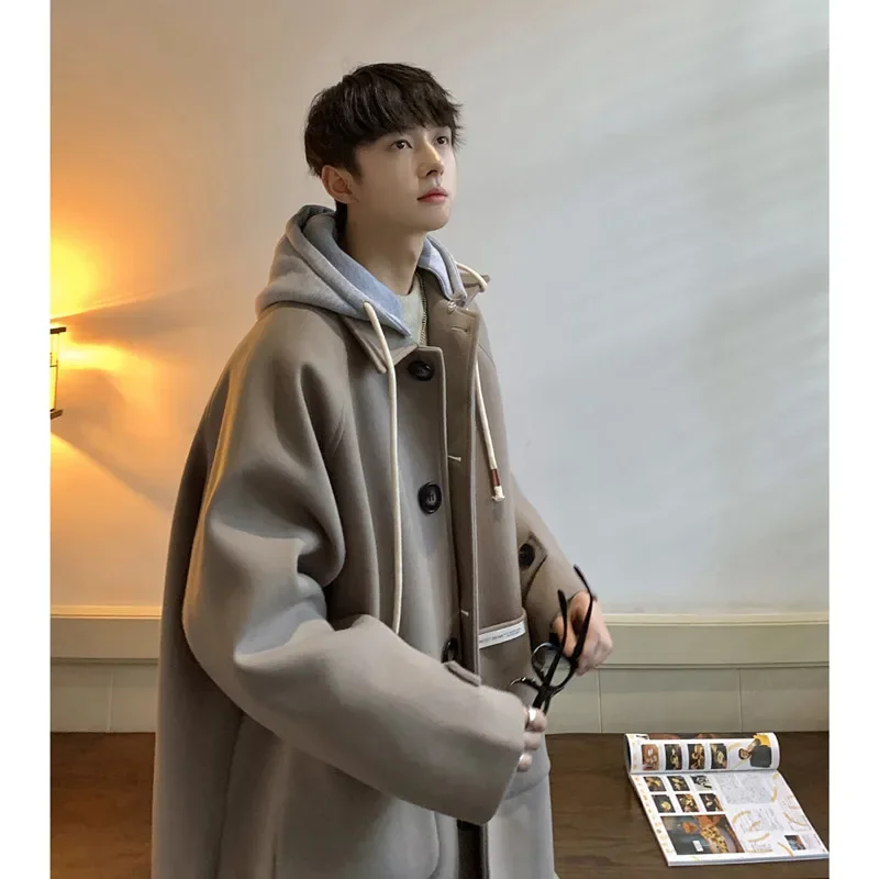 

Men Hooded Solid Color Coat Overcoat Woolen Blend High Quality Fashion Wedding Groom Business Prom Warm Woolen Coats Q70